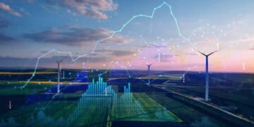 Wind turbines in a field with superimposed graphs showing growth. Renewable energy and supply chain implications. - Supply Chain News