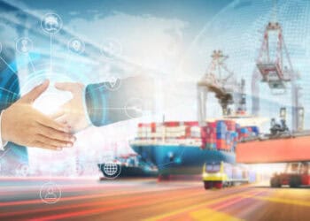 Handshake symbolizing Russia-Africa trade partnerships and bilateral agreements. Global shipping and logistics are depicted. - Supply Chain News
