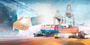 Handshake symbolizing Russia-Africa trade partnerships and bilateral agreements. Global shipping and logistics are depicted. - Supply Chain News