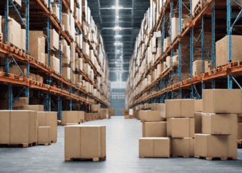 A warehouse that leverages blockchain technology for inventory traceability in the supply chain, storing boxes and pallets.