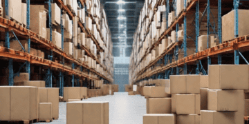 A warehouse that leverages blockchain technology for inventory traceability in the supply chain, storing boxes and pallets.