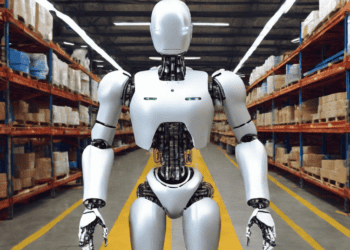 A robot equipped with AI is efficiently managing supply chain operations in a warehouse full of boxes.
