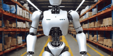 A robot equipped with AI is efficiently managing supply chain operations in a warehouse full of boxes.
