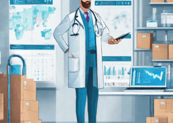 Doctor reviewing healthcare supply chain data on laptop, leveraging blockchain technology for efficiency. - Supply Chain News