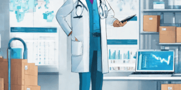 Doctor reviewing healthcare supply chain data on laptop, leveraging blockchain technology for efficiency. - Supply Chain News