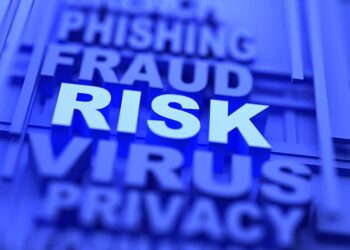 A blue background with the word risk written on it, conveying potential financial losses and awareness of scams in the realm of social media.