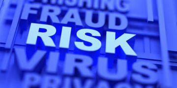 A blue background with the word risk written on it, conveying potential financial losses and awareness of scams in the realm of social media.