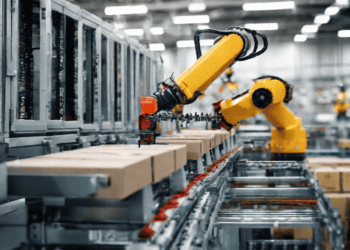 Robots working in a factory to support the evolving landscape of the supply chain and promote sustainability.