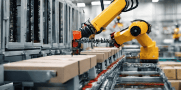 Robots working in a factory to support the evolving landscape of the supply chain and promote sustainability.
