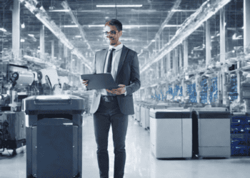 Businessman reviewing data in a smart factory, showcasing AI's transformative power in modern supply chains. - Supply Chain News