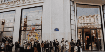 A line of people waiting outside of a luxury goods store.