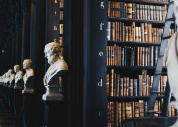 Busts of historical figures line a library wall filled with antique law books; AI regulation. - Supply Chain News