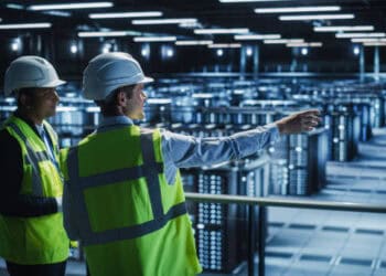 Two men in hard hats standing in front of a server room in the construction Industry.