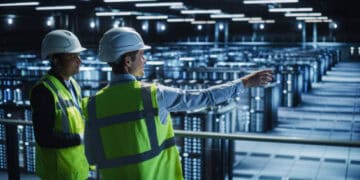 Two men in hard hats standing in front of a server room in the construction Industry.
