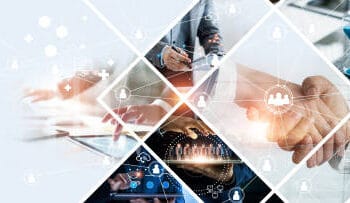 A collage of international business people working together on a computer for analysis.