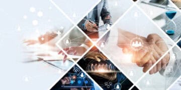 A collage of international business people working together on a computer for analysis.