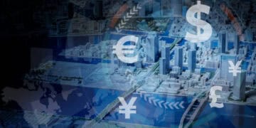 A cityscape with currency symbols in the background, highlighting the impact of the EU-US Trade Agreement on tariffs and economic resurgence.