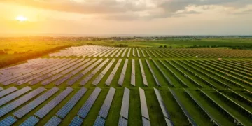 Aerial view of a large-scale solar farm, contributing to carbon neutral initiatives like NTT DoCoMo's 2040 goal. - Supply Chain News