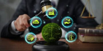 Judge's gavel over green globe, representing environmental policy impact assessment in the UK. - Supply Chain News