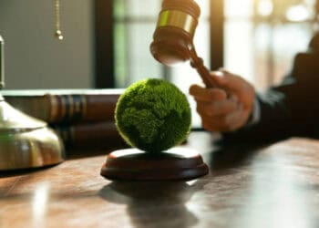 Gavel over a globe covered in moss, symbolizing environmental law and climate change in Australia. - Supply Chain News