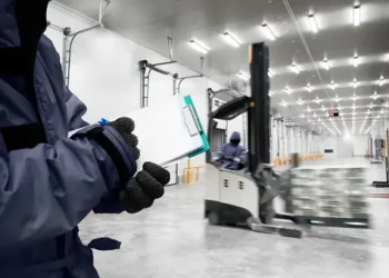A worker is holding a clipboard in a warehouse.