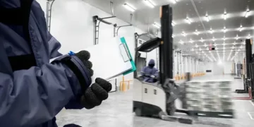 A worker is holding a clipboard in a warehouse.