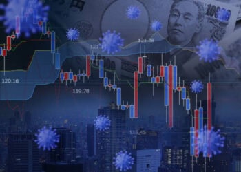 Stock market graph overlaid on a city skyline with coronavirus icons, illustrating the impact of the pandemic on corporate social responsibility (CSR) spending. - Supply Chain News