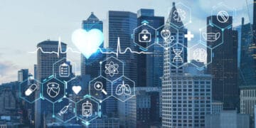 City skyline with healthcare icons; illustrating Greece's health tech CSR. - Supply Chain News