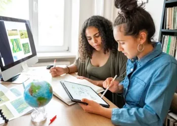 Two women collaborate on a tablet, reviewing a green initiative design. Earth Exponential project. - Supply Chain News