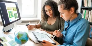 Two women collaborate on a tablet, reviewing a green initiative design. Earth Exponential project. - Supply Chain News