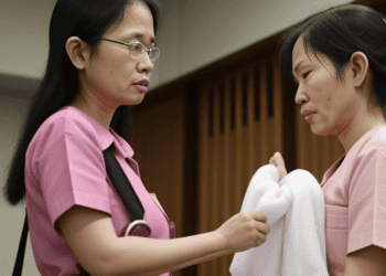 Two women in pink scrubs standing next to each other, symbolizing the vital role of domestic workers in Singapore's justice system.