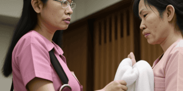 Two women in pink scrubs standing next to each other, symbolizing the vital role of domestic workers in Singapore's justice system.