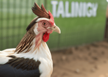 A black and white rooster standing in front of a fence during a bird flu outbreak.