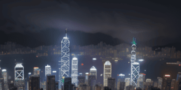 A city skyline at night, reflecting the global uncertainty and embracing the influence of cryptocurrency in Hong Kong.