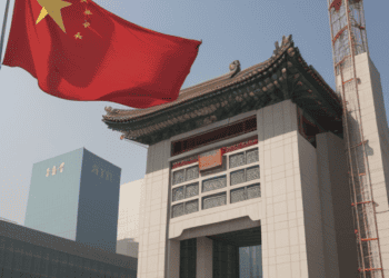 A Chinese flag flying in front of a building in China.