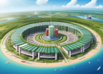 An artist's rendering of a circular building on an Indonesian island as part of an Eco-City Project.