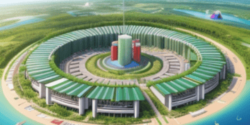 An artist's rendering of a circular building on an Indonesian island as part of an Eco-City Project.
