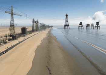 A 3d model of a power station on the California beach.