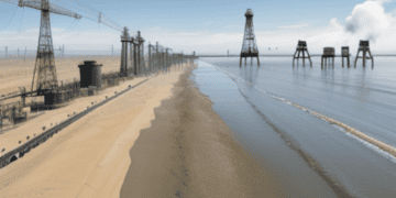 A 3d model of a power station on the California beach.