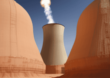 Two cooling towers emitting smoke, symbolizing the importance of uranium supply stability for the EU under the Euratom Agency.