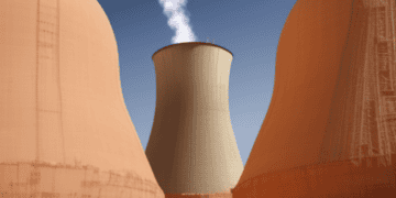 Two cooling towers emitting smoke, symbolizing the importance of uranium supply stability for the EU under the Euratom Agency.