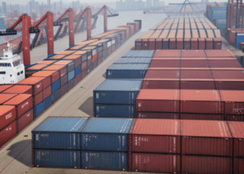 A view of a container ship docked in a port, representing China's booming exports.