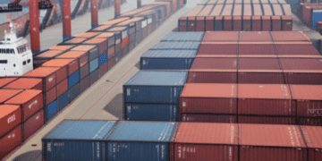 A view of a container ship docked in a port, representing China's booming exports.