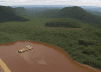 An aerial view of a river with a boat in it, showcasing the natural beauty of Indigenous lands in Brazil.