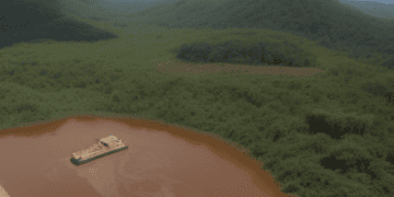 An aerial view of a river with a boat in it, showcasing the natural beauty of Indigenous lands in Brazil.