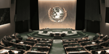 A view of the UN chamber during a meeting.