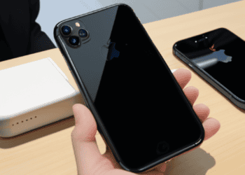 A person is holding two iPhones next to each other.