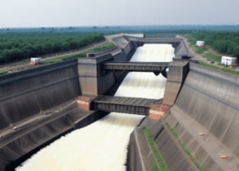 An aerial view of a dam with water flowing through it, contributing to electricity generation in India.