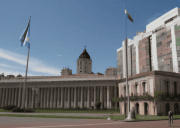 A 3D model of a BRICS building with flags of Argentina in front of it.