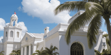 A white building with palm trees and a clock tower that showcases the JPMorgan settlement related to Epstein.